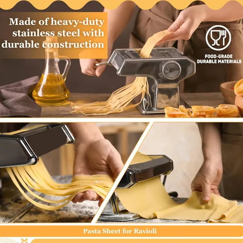 Miniatura 6 de Hushee Juego de 8 Piezas de Máquina para Hacer Pasta Incluyendo Máquina para Hacer Fideos de Acero Inoxidable Estante de Secado de Pasta de Madera
