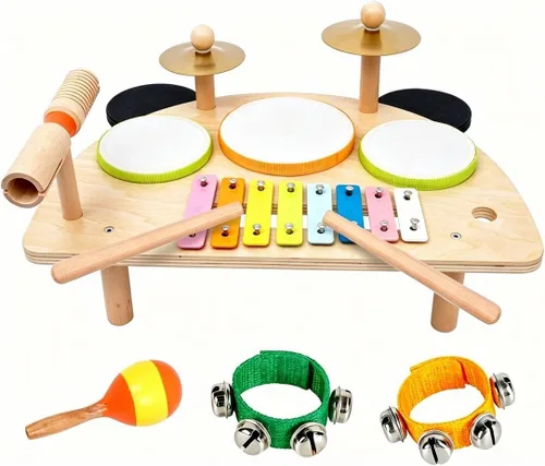 Juego de batería para niños, instrumentos musicales Montessori para niños pequeños de 1 a 6 años, juguetes de madera, mesa de música Montessori, kit