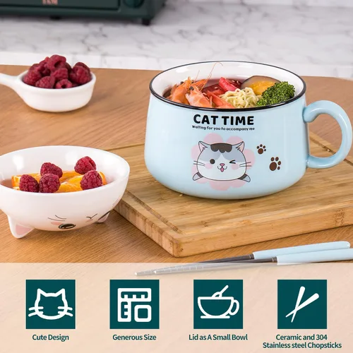 Miniatura 3 de Juego de cuencos para ramen con palillos, lindos cuencos de fideos instantáneos para ramen con diseño de gato lindo con tapa, cuencos de cerámica