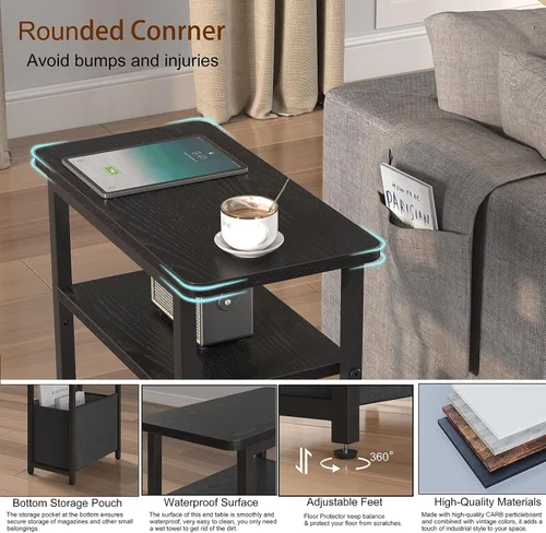 Miniatura 4 de sthmec Mesa auxiliar estrecha, mesas auxiliares delgadas con cesta de tela, mesas auxiliares pequeñas para espacios pequeños, estantes abiertos de 2