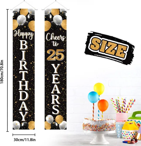 Miniatura 2 de Cartel de puerta de feliz cumpleaños 25 negro y dorado – Fondo de bienvenida a la puerta del hogar de cumpleaños de 25 años, decoración de fiesta