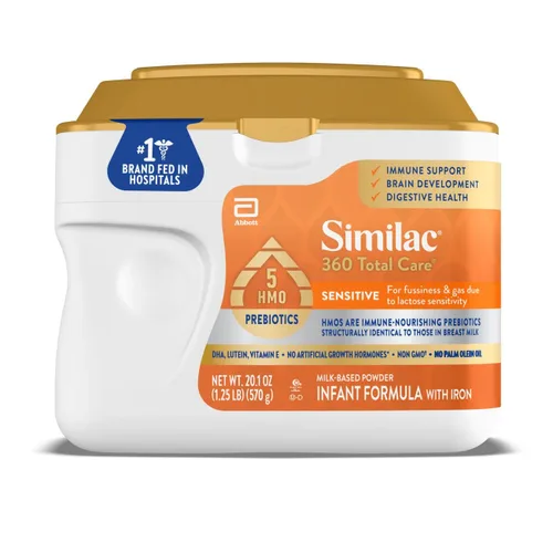 Similac 360 Total Care - Fórmula infantil sensible para irritabilidad y gases debido a la sensibilidad a la lactosa, contiene 5 prebióticos HMO,