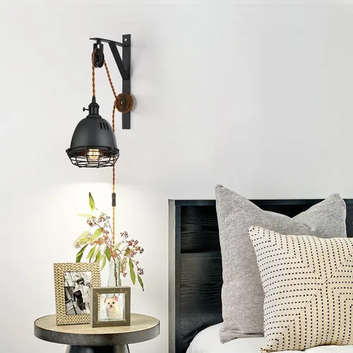 Miniatura 5 de Apliques de pared de granja con polea colgante de pared con enchufe e interruptor marrón de 7 pies, aplique de pared ajustable, pantalla negra arena