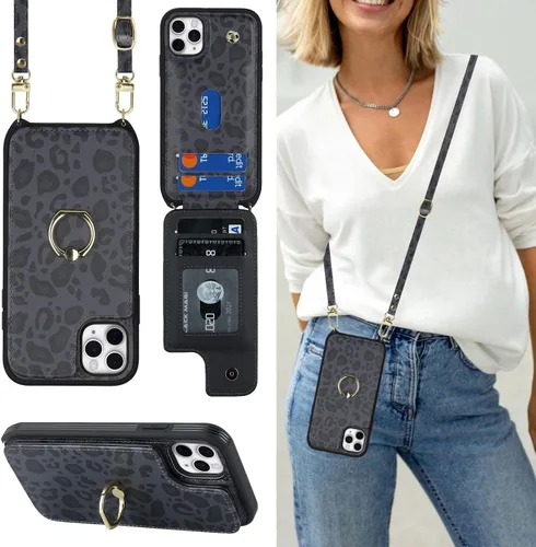 Miniatura 29 de Lipvina para iPhone 11 Pro Funda para teléfono con tarjetero y correa para mujeres, cordón cruzado, soporte de anillo con patas, cierre de presión
