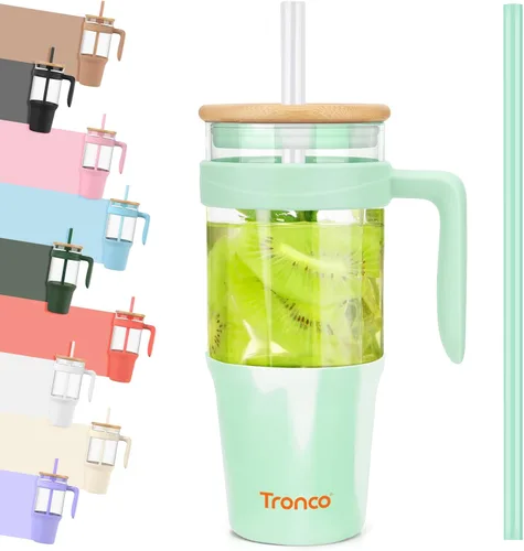 Miniatura 32 de Tronco Vaso de vidrio de 32 onzas con popote y tapa, tapa con popote 2 en 1 a prueba de fugas, botellas de agua de vidrio con asa, apto para Rosa