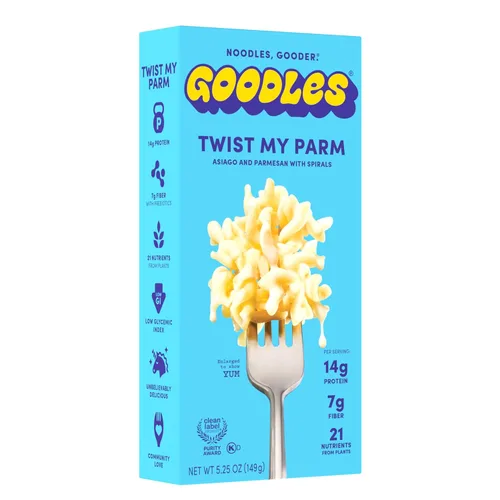 Goodles Twist My Parm Asiago y parmesano con espirales, lleno de nutrientes con queso real, fibra, proteínas, prebióticos, plantas y verduras, sin