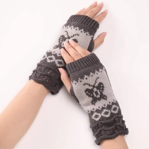 Miniatura 5 de Guantes elásticos de punto con diseño de mariposa para otoño e invierno para el pulgar hasta la muñeca gris oscuro