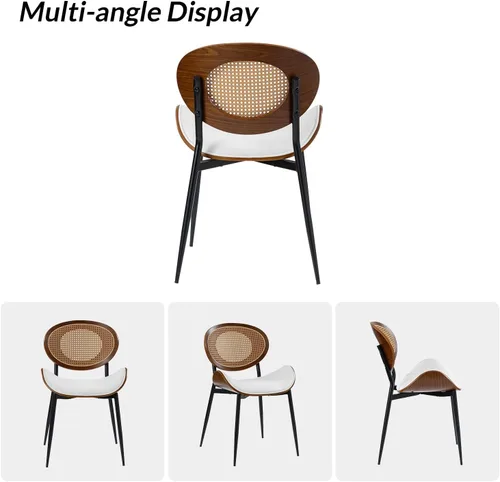 Miniatura 6 de HULALA HOME Juego de 4 sillas de comedor con respaldo de ratán, modernas sillas laterales de cuero con patas de metal, cómodas para sala de beige
