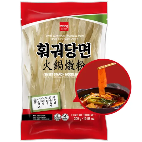 Wang Fideos anchos de vidrio, fideos de vidrio coreanos de batata dulce para japchae y olla caliente, almidón de camote, sin gluten, vegano, paquete