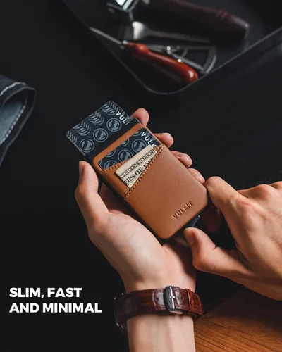 Miniatura 2 de VULKIT Cartera desplegable para tarjetas de crédito con ranuras de cuero adicionales con bloqueo RFID, funda delgada para tarjetas de metal, Marrón