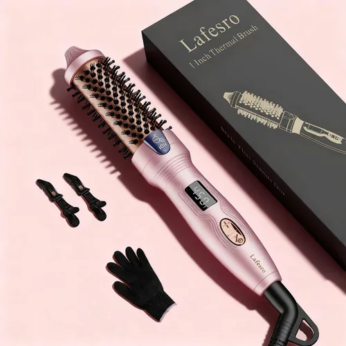 Miniatura 9 de Cepillo térmico, mini y pequeño, cepillo iónico de 1 pulgada para cabello brillante, cepillo iónico de turmalina para cabello corto a mediano, Rosa