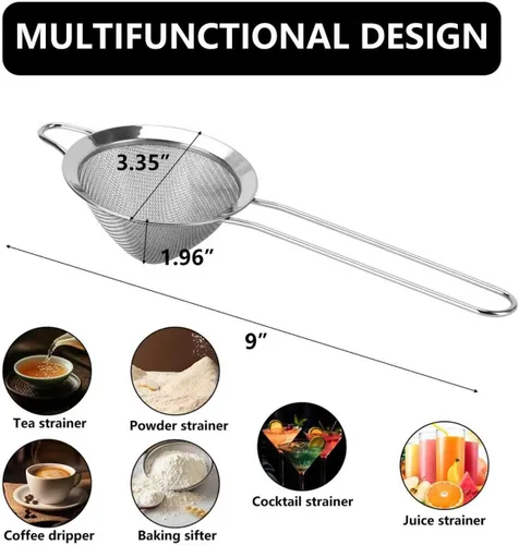 Miniatura 7 de Paquete de 3 coladores de malla fina de acero inoxidable 304 tamiz pequeño para alimentos, té, jugos, cócteles, cocina (3.35 pulgadas)