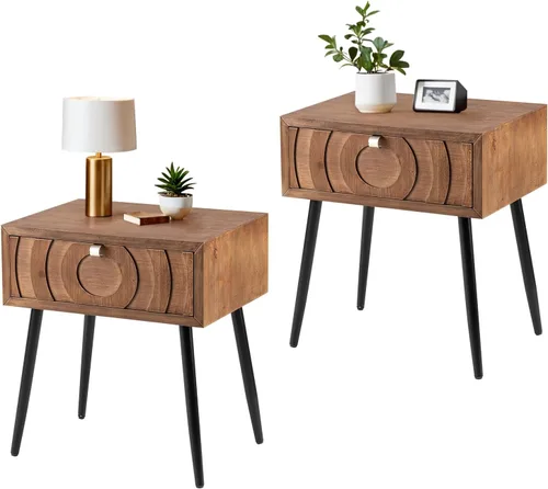 Miniatura 14 de COSIEST Mesita de noche, mesa auxiliar rústica con 3 cajones, mesa de noche de madera vintage con patas robustas, mesa auxiliar moderna