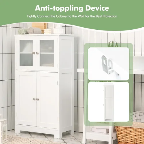 Miniatura 4 de Giantex Armario de almacenamiento con puertas – Armario de piso de baño, armario alto independiente con 2 puertas de vidrio templado, estante Blanco