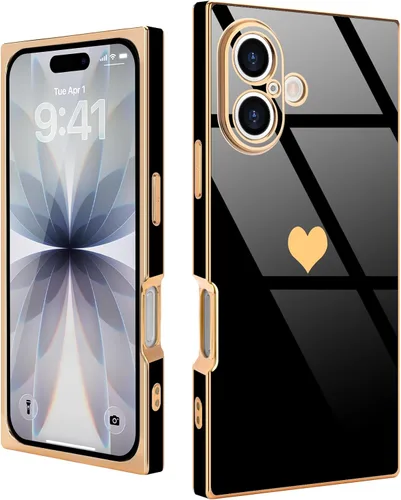 Miniatura 72 de Compatible con iPhone 12 Funda Rectangular Bonita Chapado Dorado Lujo Corazón de Amor Funda de Teléfono para Mujeres Niñas A Prueba de Golpes