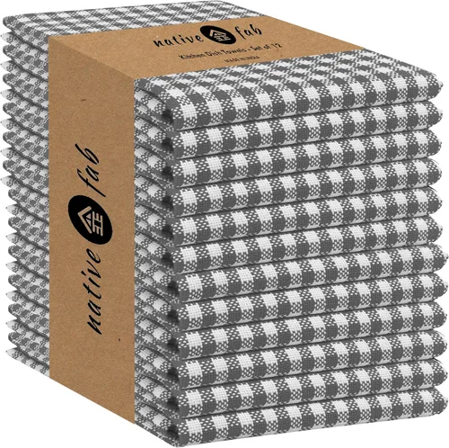 Native Fab Paquete de 12 toallas de cocina a cuadros a cuadros, de algodón, duradero, lavable, de 16 x 26 pulgadas, paños de cocina, suaves y Gris