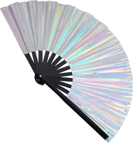 Miniatura 4 de SUMERSHA 1 ventilador holográfico grande para rave, ventilador de mano plegable, gran ventilador iridiscente de mano para club nocturno, festival