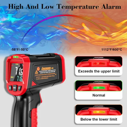 Miniatura 5 de FKM Pistola de Termómetro de Infrarrojos, Pistola de Termómetro Láser sin Contacto para Industrial, HVAC, Motor, Cocina, Termómetro de Temperatura