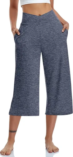 TARSE - Pantalones capri de pierna ancha para mujer, pantalones de yoga casuales, cruzados, de cintura alta, sueltos, suaves, con bolsillos,