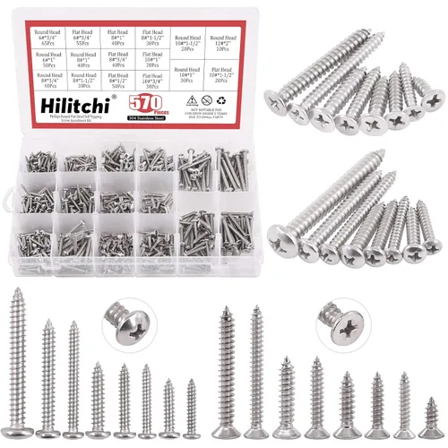 Hilitchi 570 unidades de tornillos autoperforantes modelos M 3 4 5 6, de acero inoxidable con cabeza plana y Phillips, kit de tornillos surtidos