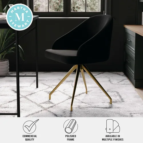 Miniatura 5 de Martha Stewart Sora Silla de Trabajo Giratoria Fija con Brazos Inclinados para Oficina en Casa en Terciopelo Negro con Marco de Latón Pulido