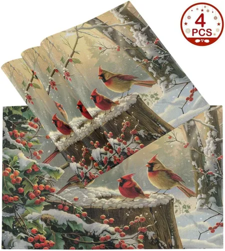 Miniatura 6 de Wamika Juego de 4 manteles individuales de invierno con diseño de pájaros cardenales y bayas de acebo, manteles individuales de arpillera