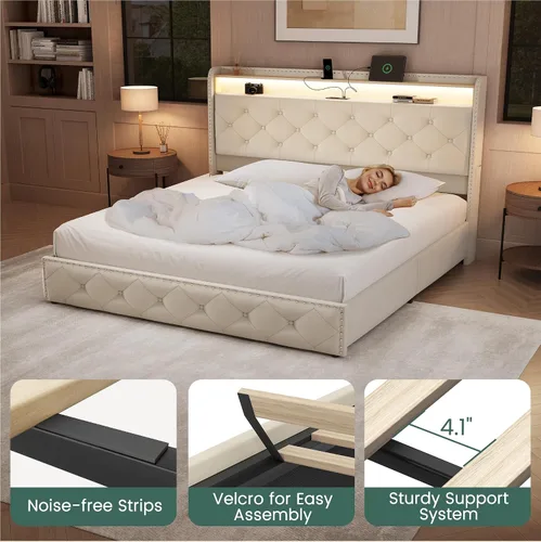 Miniatura 9 de LARMACE Base de cama tamaño Queen con 4 cajones de almacenamiento y estación de carga, marco de cama tapizado de terciopelo con cabecera LED, sin