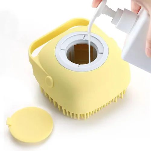 Cepillo de Baño y Masaje para Mascotas con Dispensador de Jabón y Champú, Cerdas de Silicona Suave para Perros y Gatos de Pelo Largo y Corto, Ducha