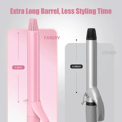 Miniatura 4 de FARERY Rizador de barril largo de 1 pulgada, rizador extra largo para cabello fino, infundido con aceite de argán y queratina, 11 temperaturas Rosa