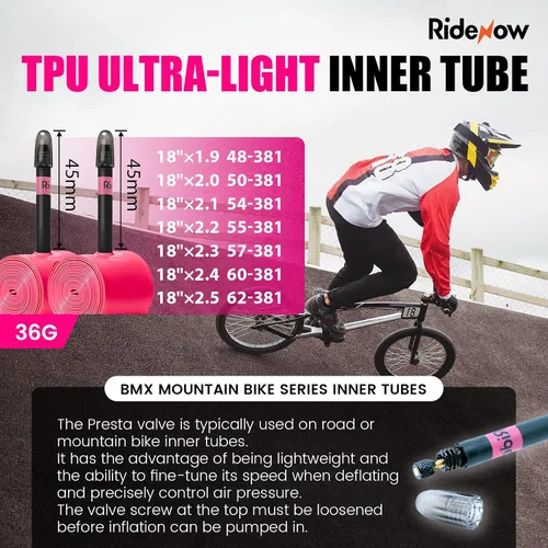 Miniatura 2 de RideNow BMX Inner Tube 16",18",20" Wheel Sizes, Fits Tire Widths 1.9-2.5, 2-Pack Ultra-Light Puncture Resistant TPU Bike Tube with 45mm Presta