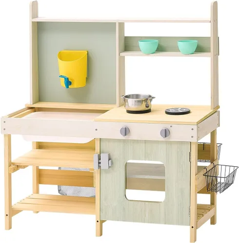 VEVOR Juego de cocina de juguete de madera, cocina de barro para niños, juego de tienda de comestibles al aire libre, cocina de juego de simulación