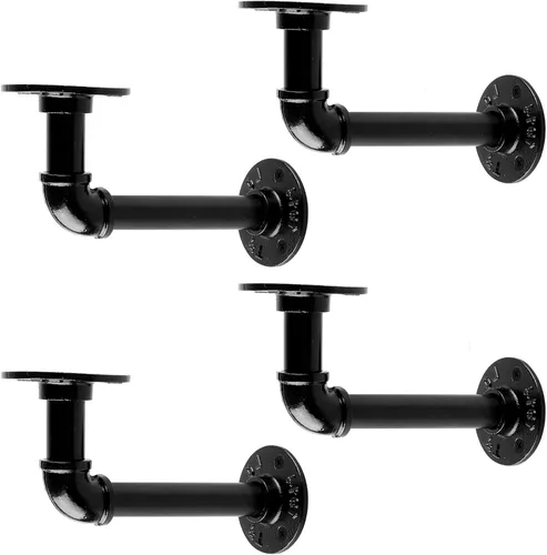 Miniatura 13 de MUZIK Paquete de 4 Soportes de Estante Flotante de Tubería Resistente, Soportes de Estante de Tubos en L Negros, Soportes de Estantería de Hierro