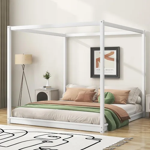 Miniatura 4 de Harper & Bright Designs Cama King con dosel de madera con 4 paneles de póster, marco de cama King con soporte de listones de madera maciza, cama