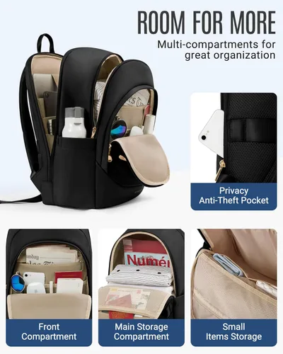 Miniatura 3 de LIGHT FLIGHT Mochila de viaje para mujer, mochila para laptop de 15.6 pulgadas con orificio de carga USB, resistente al agua, mochila negra de gran