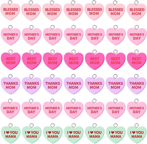 Augshy 64 dijes para el día de la madre, cuentas de resina con forma de corazón, adorno de amor para mamá, colgante para manualidades, pulseras,