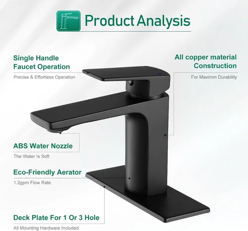 Miniatura 5 de VOTON - Grifo de baño negro mate, de un solo agujero, llave de fregadero de baño para 1 o 3 agujeros con placa de cubierta y manguera, lavabo, RV