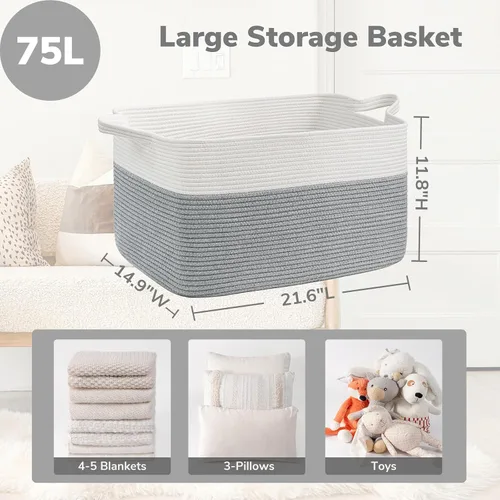 Miniatura 3 de Goodpick Cesta Grande de Almacenamiento de Juguetes, Cestas de Cuerda de Algodón Gris Contenedor de Almacenamiento de Juguetes para Bebé, Niños