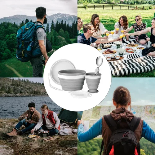 Miniatura 7 de Odoland, juego de taza y tazón de silicona plegable para camping, kit de cocina portátil con cuchara y tapa de acero inoxidable para 1 persona