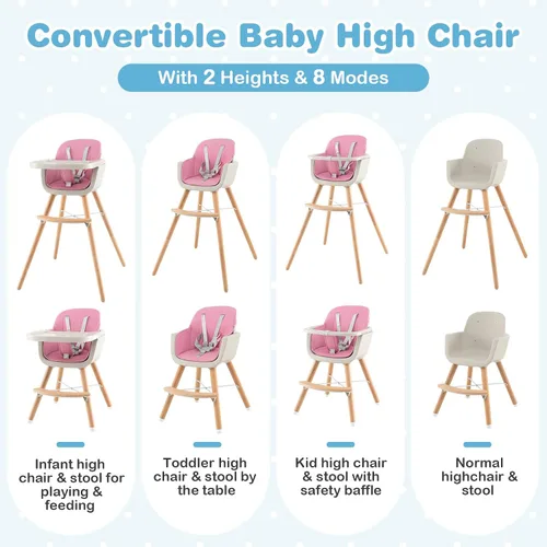 Miniatura 4 de HONEY JOY Silla alta para bebé, silla alta 6 en 1 de madera Eat & Grow con bandeja extraíble, arnés de 5 puntos, cojín de poliuretano y reposapiés