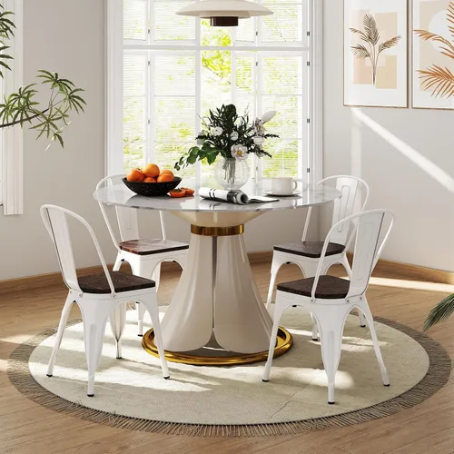 Miniatura 2 de COSTWAY Tolix - Sillas de comedor estilo industrial, apilables, de metal, con asiento de madera, juego de 4 (color blanco y marrón)