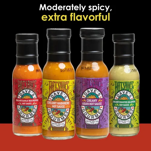 Miniatura 9 de Dave's Gourmet Salsa picante cremosa, paquete de 4 variedades, jalapeño, ajo, pimiento rojo y salsas asiáticas y habanero, calor medio, textura
