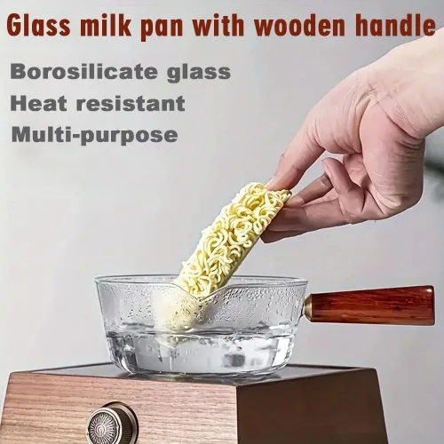 Miniatura 4 de Cacerola de vidrio transparente, resistente al calor, mini olla a fuego lento con mango de madera, juego de utensilios de cocina de vidrio