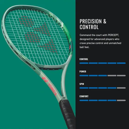 Miniatura 7 de YONEX Percept - Raqueta de tenis 100D para adultos, nivel intermedio/avanzado, cuerdas de alto control de 18 x 19, verde oliva, tamaño de agarre 4