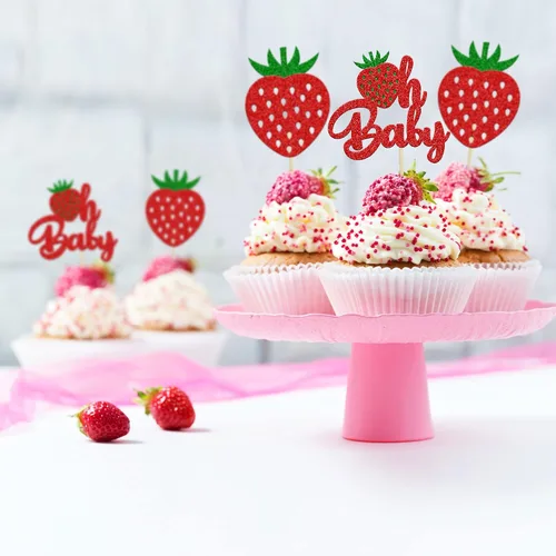 Miniatura 4 de 24 piezas de decoración de cupcakes con purpurina de fresa Oh Baby con temática de frutas, baby shower, para revelación de género, baby shower, D