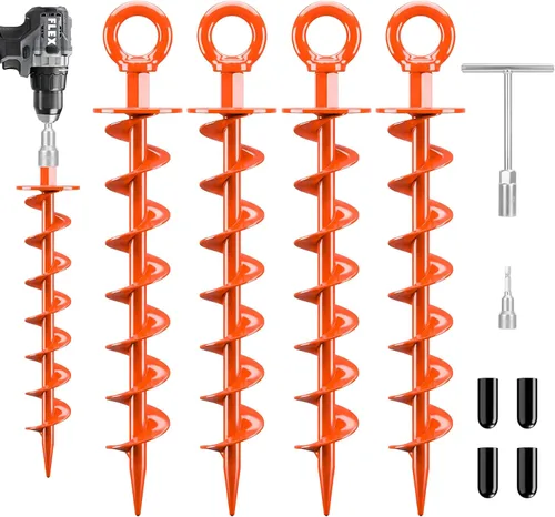 Miniatura 7 de FEED GARDEN Anclajes de suelo en espiral de 12.2 pulgadas, estacas en espiral resistentes, paquete de 4 estacas plegables para asegurar perros