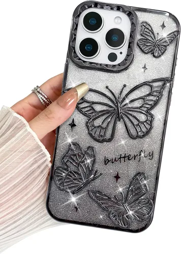 Miniatura 38 de BITOBE Diseñada para iPhone 15 Pro Max, bonita funda de mariposa 3D chapada en purpurina delgada para mujeres y niñas, protección de cámara, Negro
