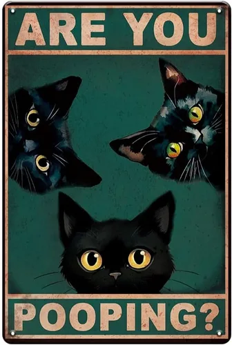 YOYI ART Letrero de gato con texto en inglés "Are You Pooping", divertido letrero de metal vintage para baño, baño e inodoro, decoración de pared,