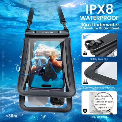 Miniatura 2 de Niveaya Bolsa impermeable para teléfono con doble espacio - 2 unidades, funda impermeable con cordón para iPhone 16/15/14/13/12 Pro Max hasta 8.3