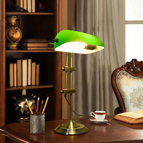 American Traditional Bankers - Lámpara de escritorio de cristal verde vintage con altura ajustable para estudio, lectura, dormitorio, sala de estar,