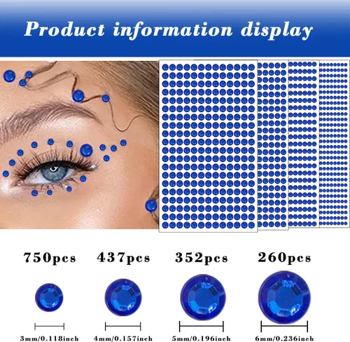 Miniatura 3 de 1799 piezas 4 hojas de pegatinas de diamantes de imitación 3/4/5/6 mm, autoadhesivas, para maquillaje de cara, ojos, cabello y cuerpo